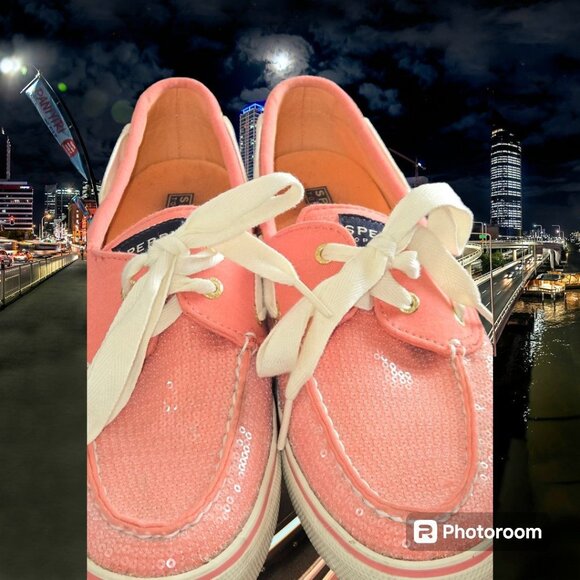 Women's Sperry Top Siders Coral Clear Sequins Size 9M 2 Eye Tie Preowned - Picture 5 of 9
